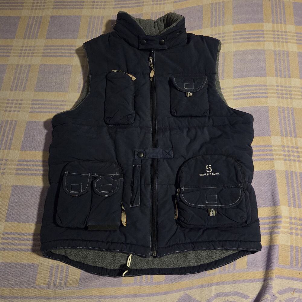 Vintage Triple Five Soul Blue Puffer Vest Utility Street Tactical Size Large Y2k